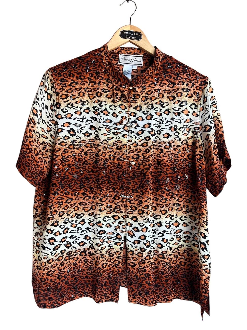 Diane Gilman Vtg 100% Silk Animal Print Blouse Sequin Lightweight Office Size 1X